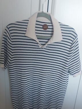 Striped Navy & White Polo Shirt with Cream Collar